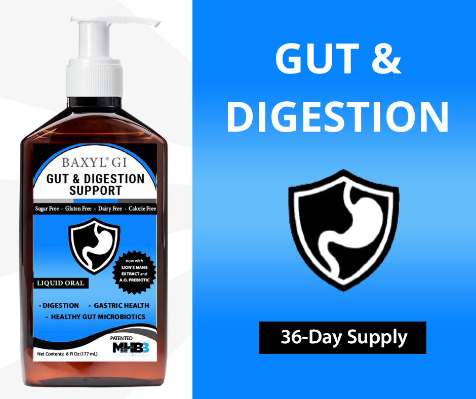 Baxyl GI gut and digestion supplement with stomach in shield that says 36-day supply