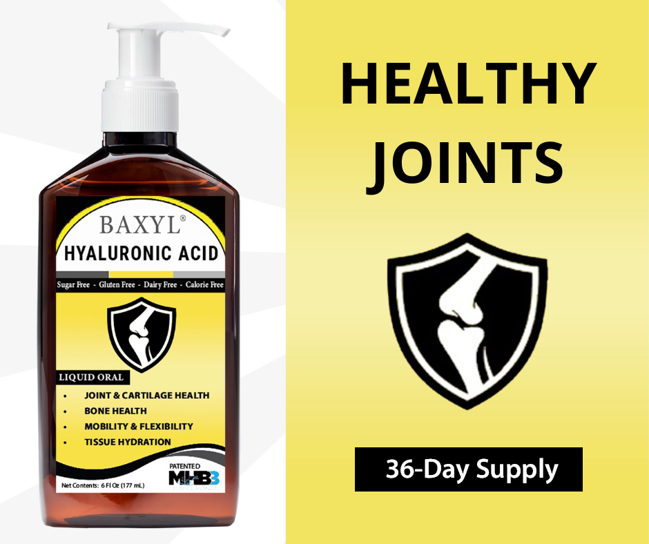 yellow Baxyl joint relief supplement with bone joints in shield that says 36-day supply