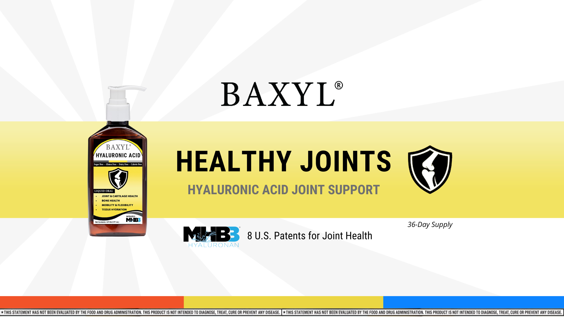 Baxyl hyaluronic acid joint relief supplement with yellow logo and bone shield