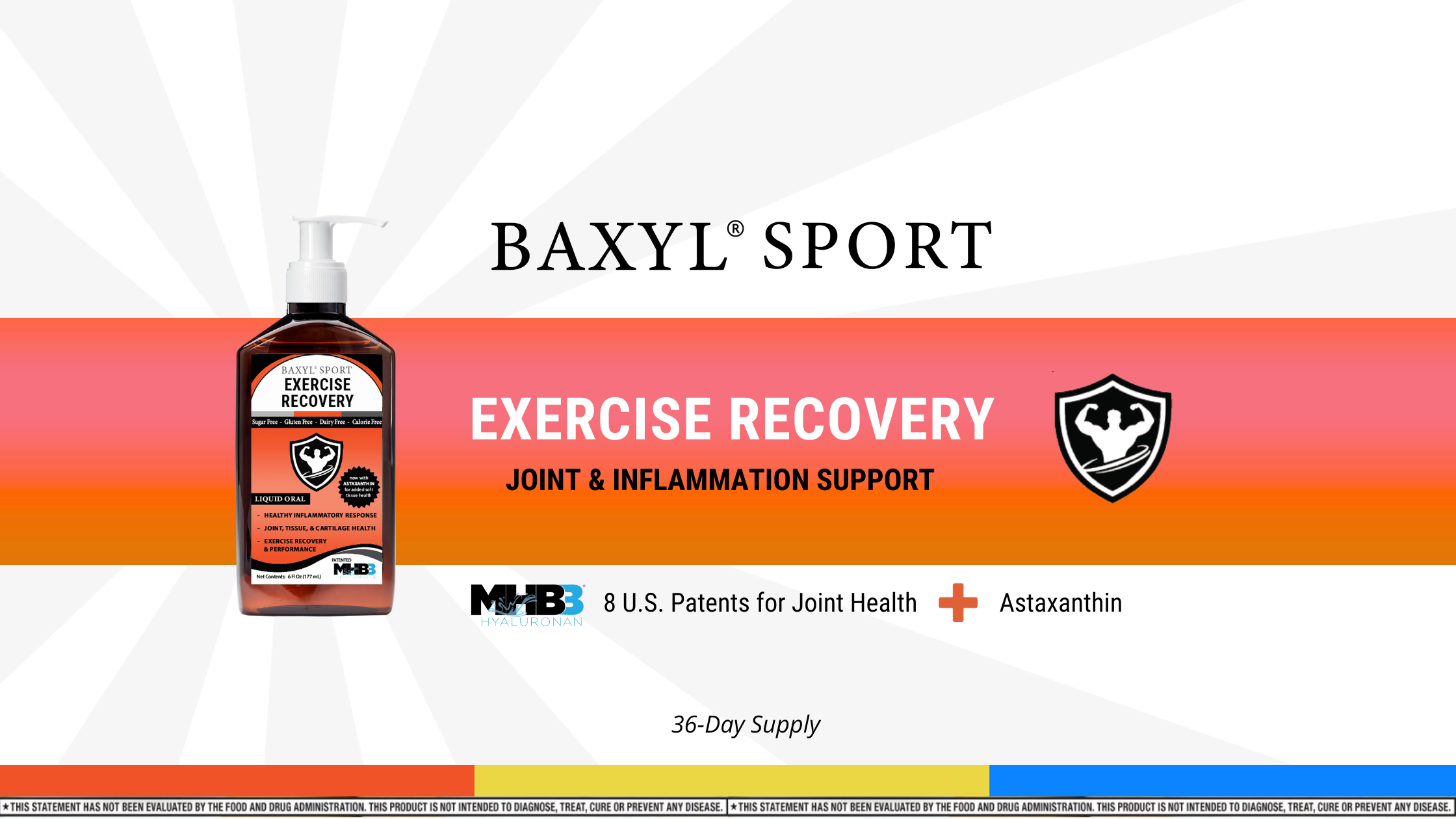 Orange Baxyl Sport exercise recovery supplement that says joint bone and inflammation support for bodybuilders marathon runners and cyclists