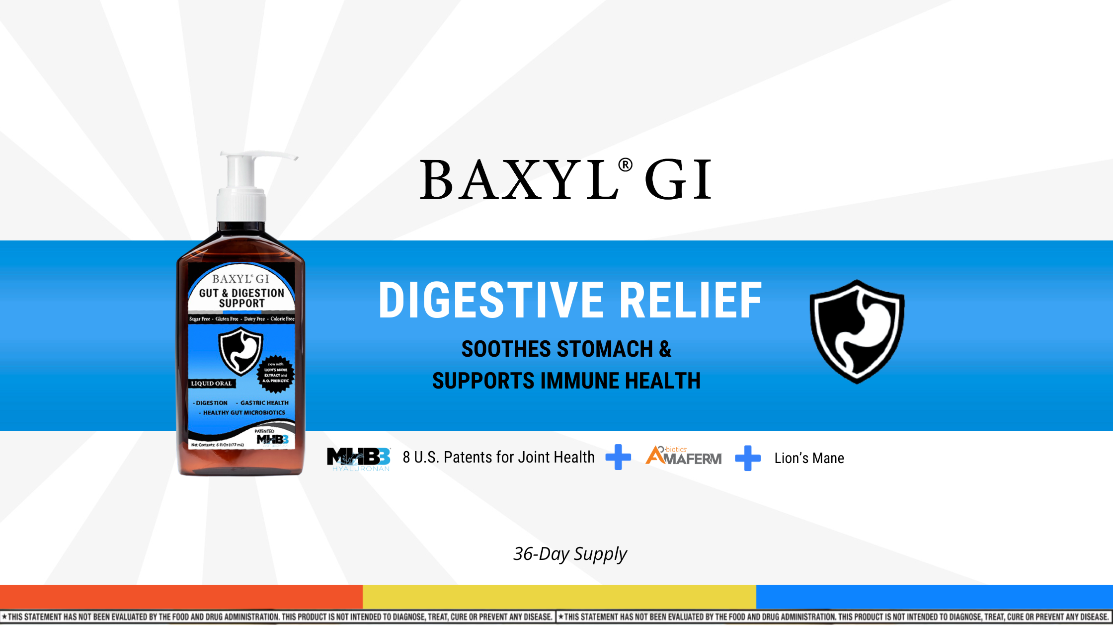 gut and digestion supplement on blue background that says digestive relief that soothes stomach and supports immune health